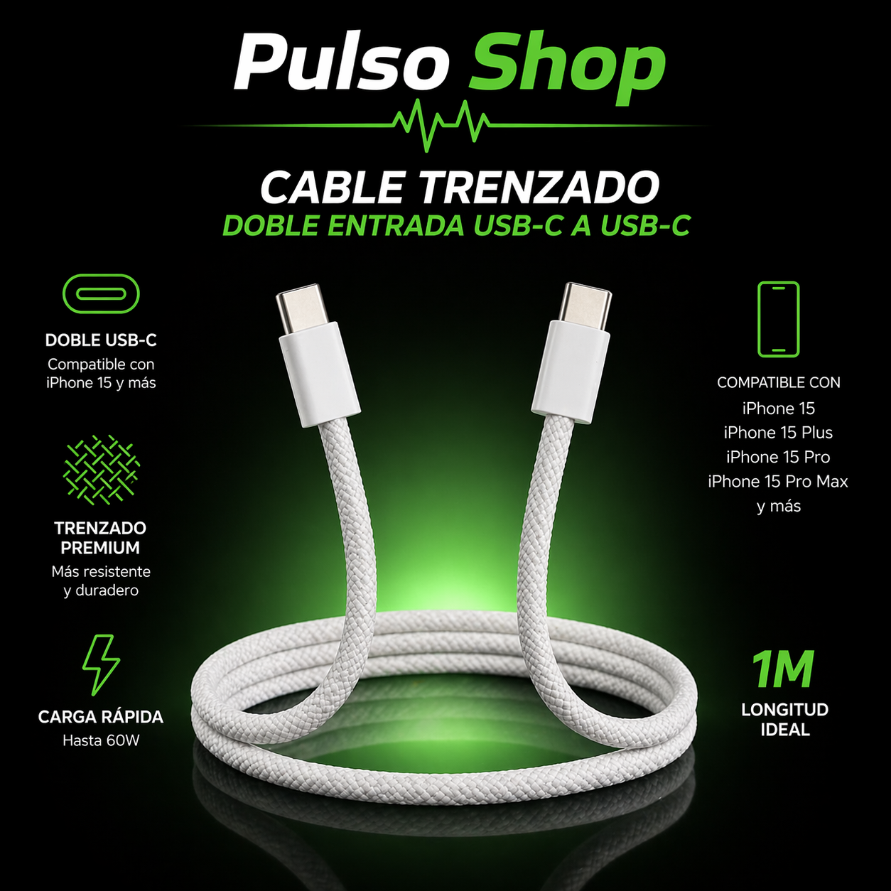 Canle Trenzado doble entrada USB-C a USB-C Carga Rápida
