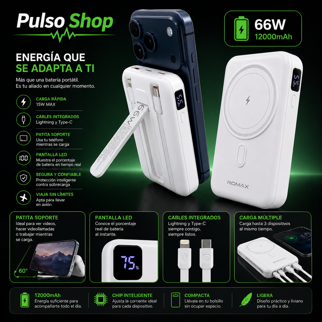 ROMAX Power Bank 66W – Soporte + Cables Integrados