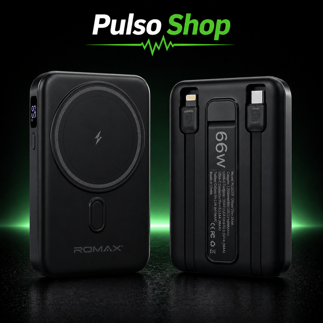 ROMAX Power Bank 66W – Soporte + Cables Integrados